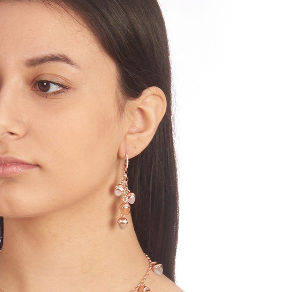 Shop online premium rose gold plated crescent earrings with rose quartz, gray agate, carnelian and mother of pearl crystals and cubic zirconia accents.