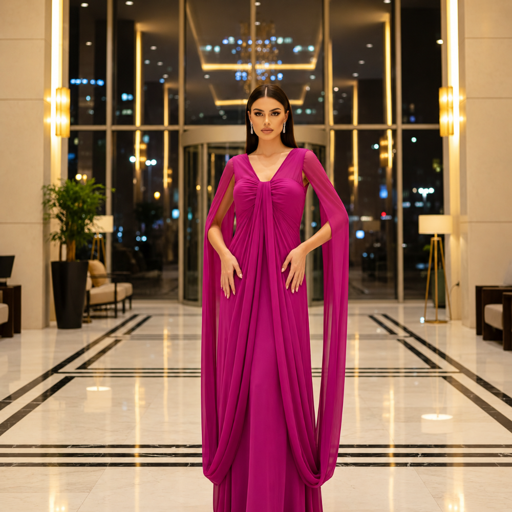 Shop online from our exclusive website. Discover the Rhea fuchsia maxi gown featuring a flowing silhouette, graceful drape, and timeless elegance for weddings, galas, and special occasions.