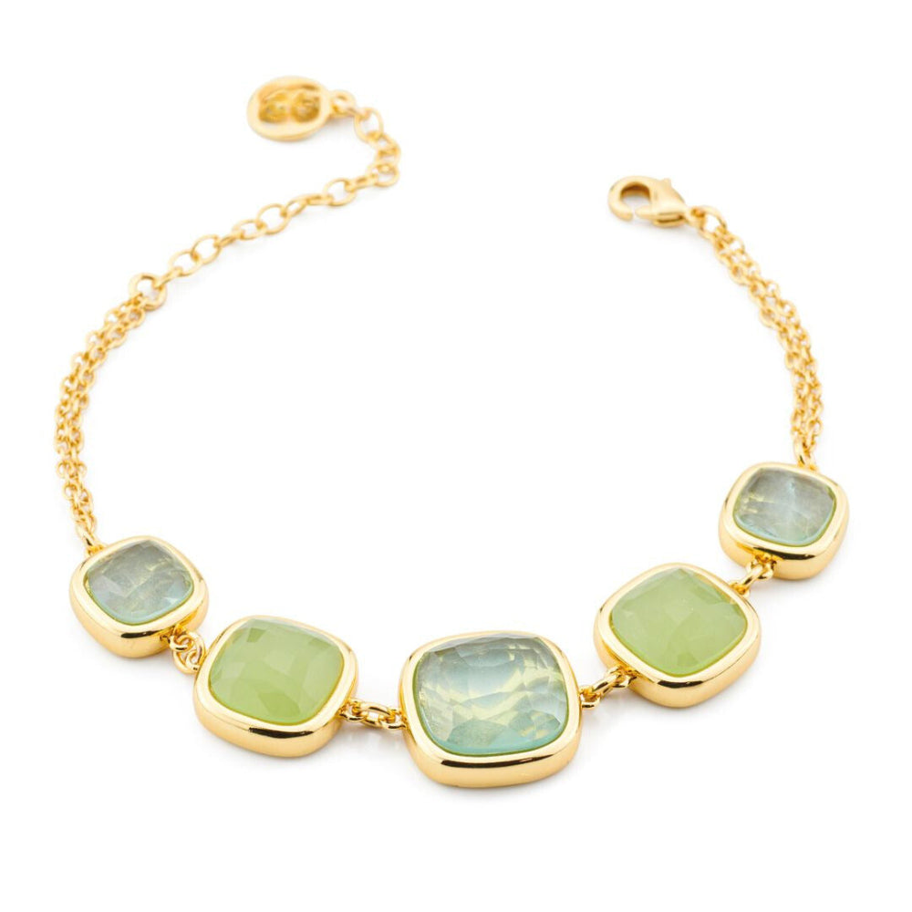 Chic yellow gold plated bronze bracelet with green and light green amethyst crystal pendants in mixed sizes for a stylish statement look. Shop premium jewelry online.