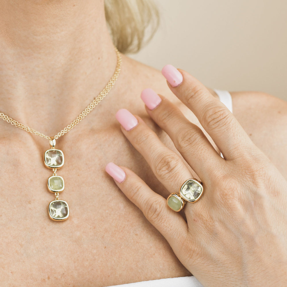 Shop online premium gold plated necklace with green and light green amethyst crystal pendant design.