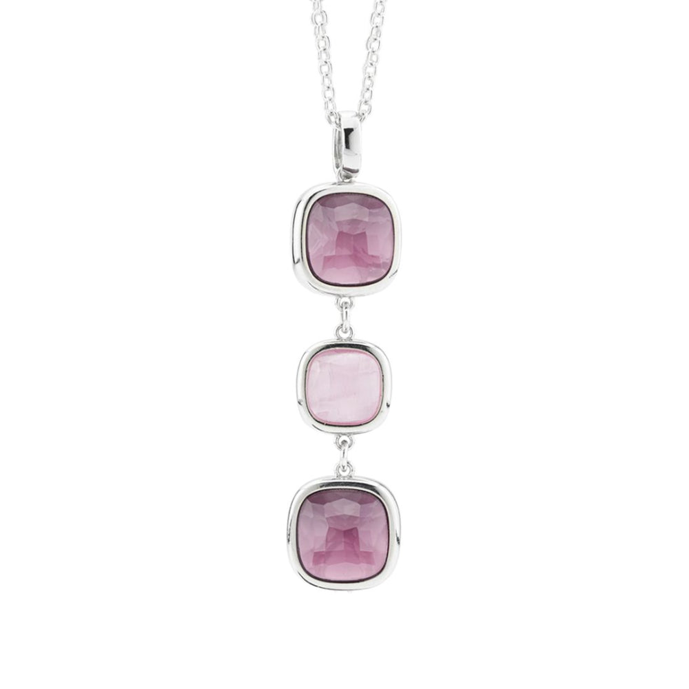 Shop online premium rhodium plated necklace with purple and baby pink amethyst crystal pendant design.