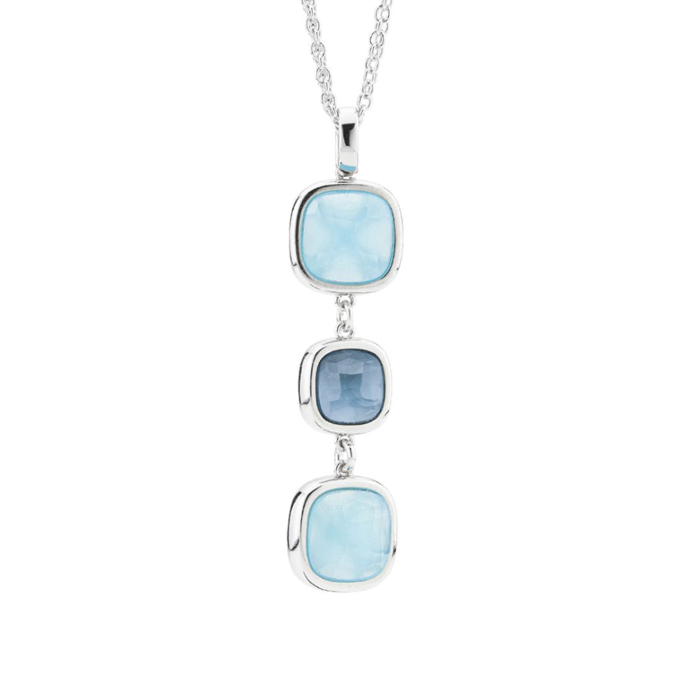 Shop online premium rhodium plated necklace with milky blue and aquamarine crystal pendant design.