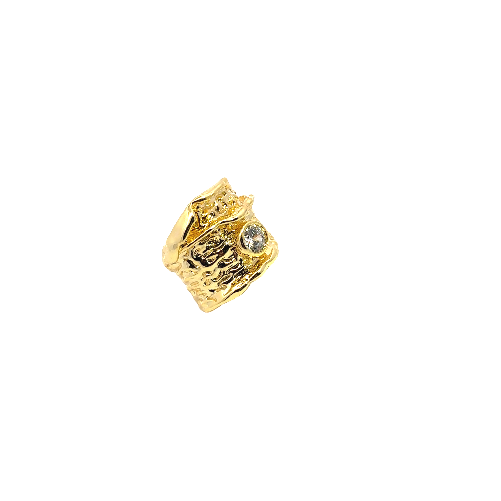 Elegant 22K gold plated chunky ring with sparkling white cubic zirconia and textured detailing. A luxe statement piece for every occasion. Shop premium jewelry online.