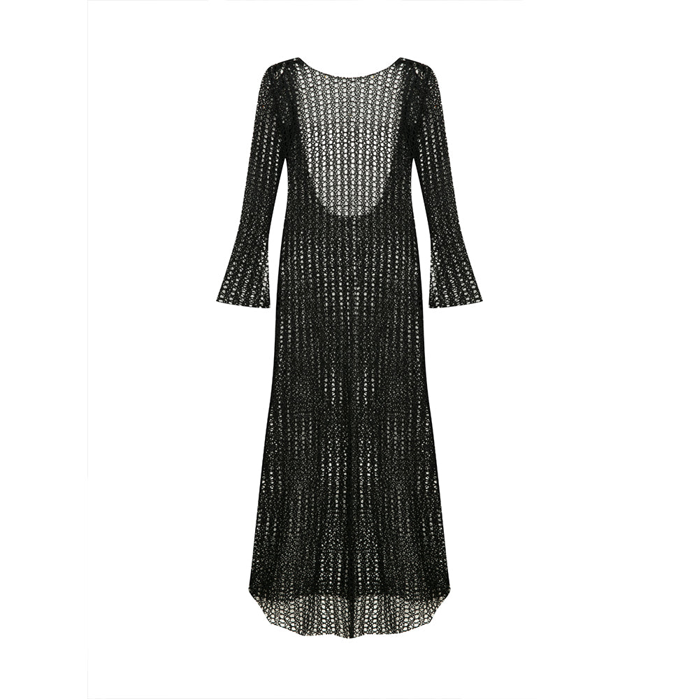 Riona Open-Back Crochet Long Dress in Black