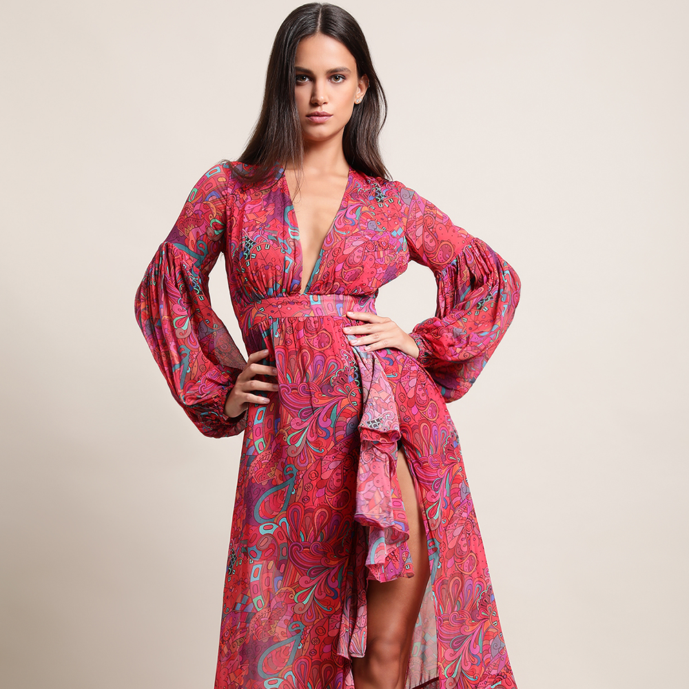 Shop our printed framboise asymmetrical dress with deep v-neckline. Get designer dresses for women with exclusive designs! Shop now!