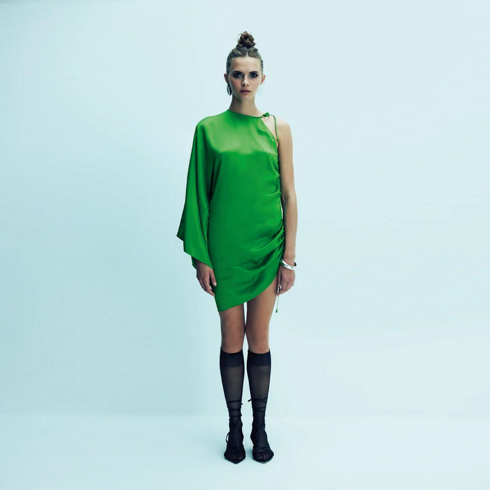 Step into women cloth shops for refined Rocha Asymmetric Mini Satin Dress. Shop Now!