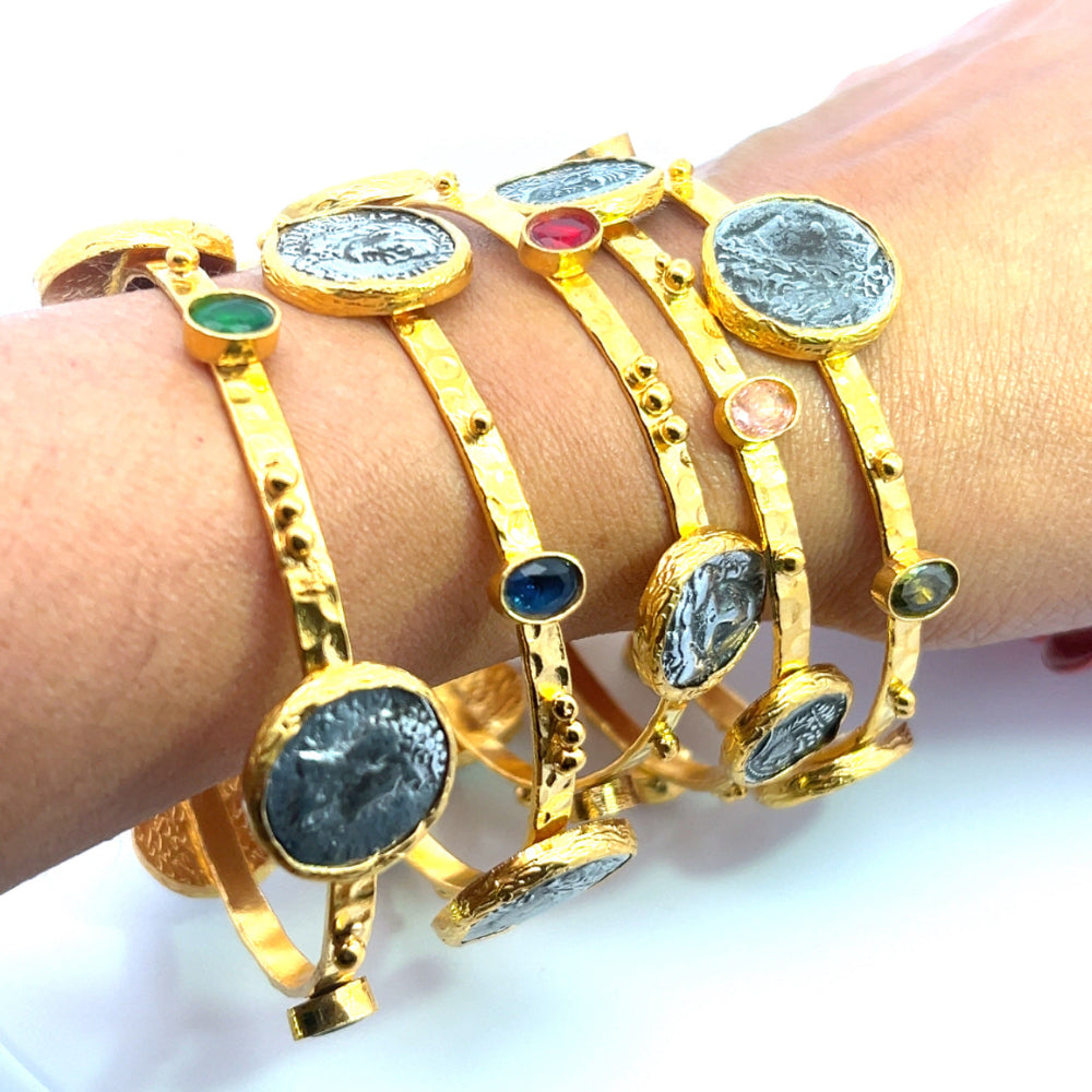 Handmade 22K gold plated Roman coin bracelet with quartz accents and stackable design. Timeless luxury jewelry for effortless styling. Shop premium jewelry online.