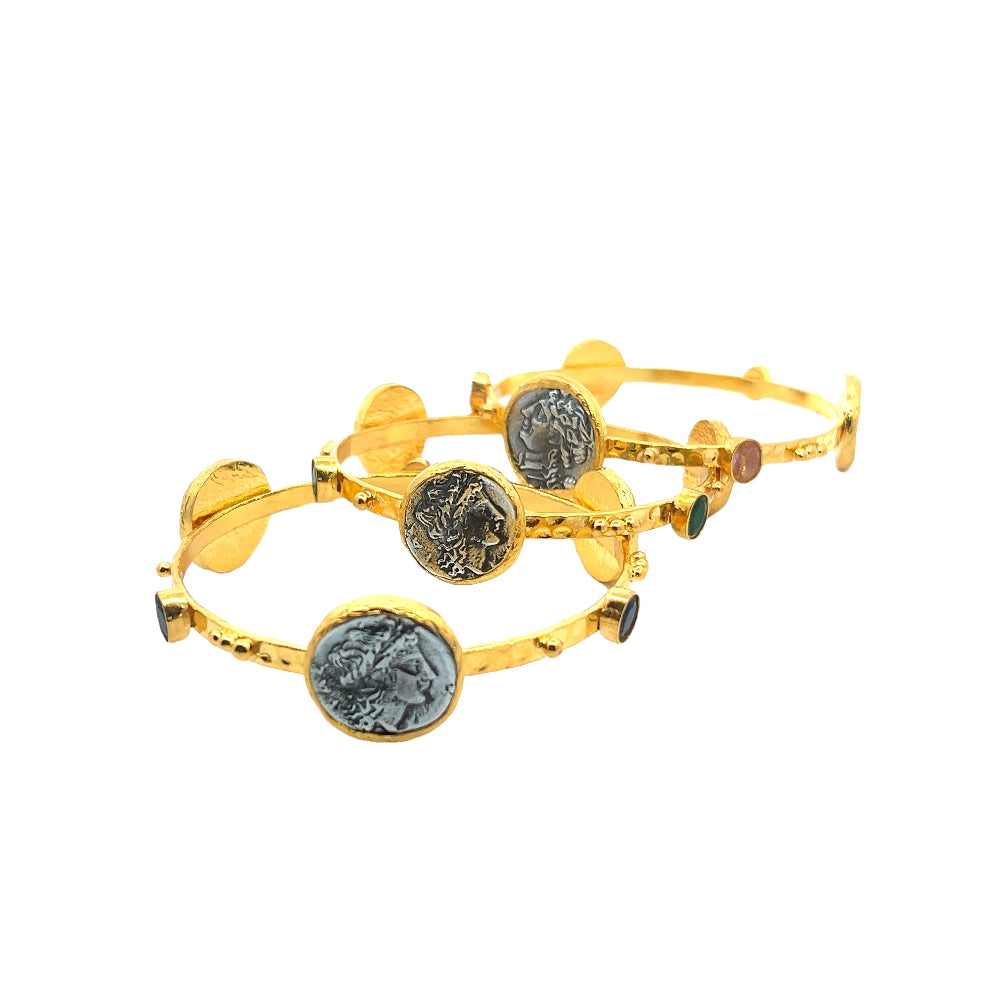 Handmade 22K gold plated Roman coin bracelet with quartz accents and stackable design. Timeless luxury jewelry for effortless styling. Shop premium jewelry online.