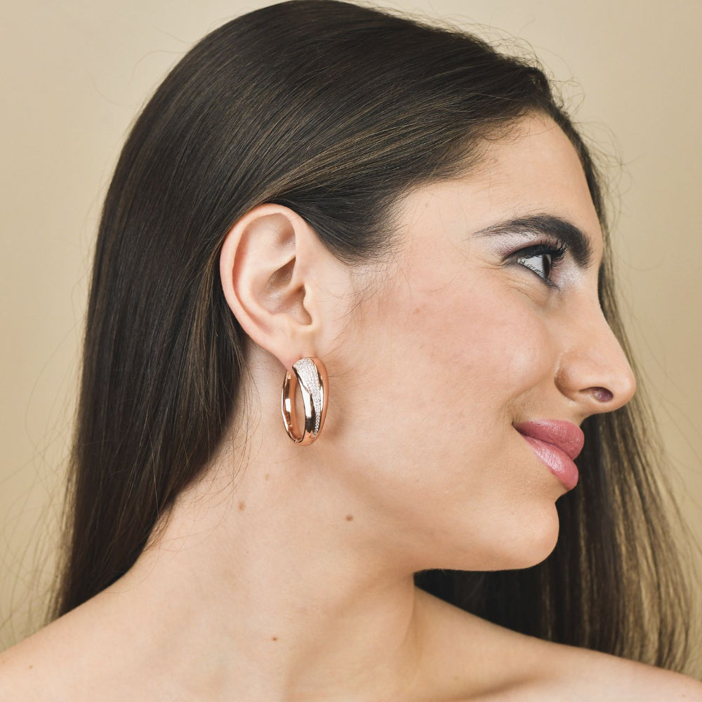 Shop online premium rose gold plated oval hoop earrings with sparkling pavé cubic zirconia detailing for elegant everyday styling.
