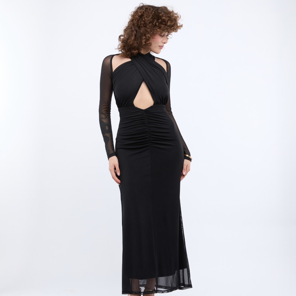 Shop the Rosalie Halter Dress at TLM, featuring a front waist cutout and adjustable neckline. Explore luxury fashion on The Luxe Maison website.
