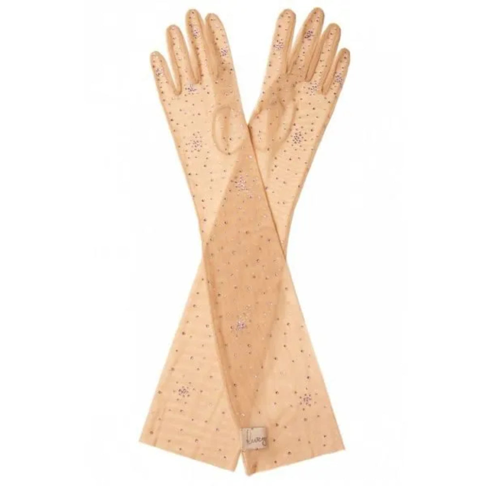 Beige long gloves from stretch net with salute of crystals "rose antique". Perfect party wear.