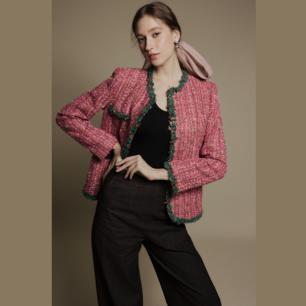 Find timeless sophistication in women’s clothing online with the Rose Quartz Tweed Blazer. Shop Now!