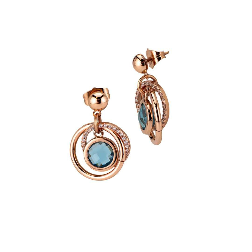 Shop online premium rose gold plated drop earrings with concentric circle design, sky blue stone and sparkling cubic zirconia accents for elegant styling.