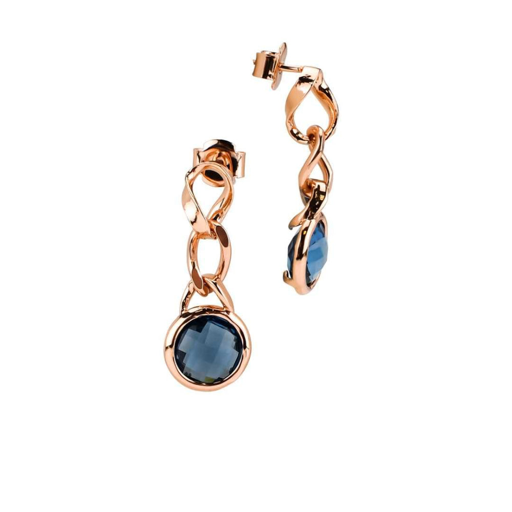 Shop online premium rose gold plated drop earrings with blue sapphire crystal for elegant evening and everyday styling.