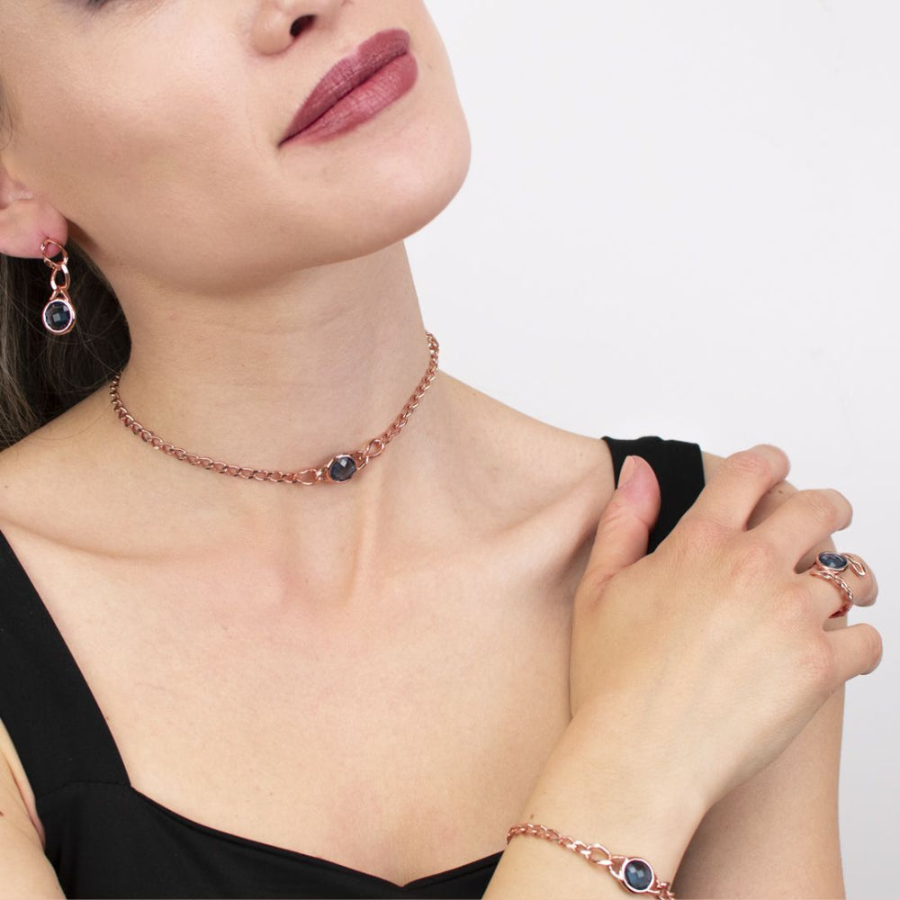 Shop online premium rose gold plated choker necklace with sapphire blue crystal and diamond curb chain design for elegant styling.