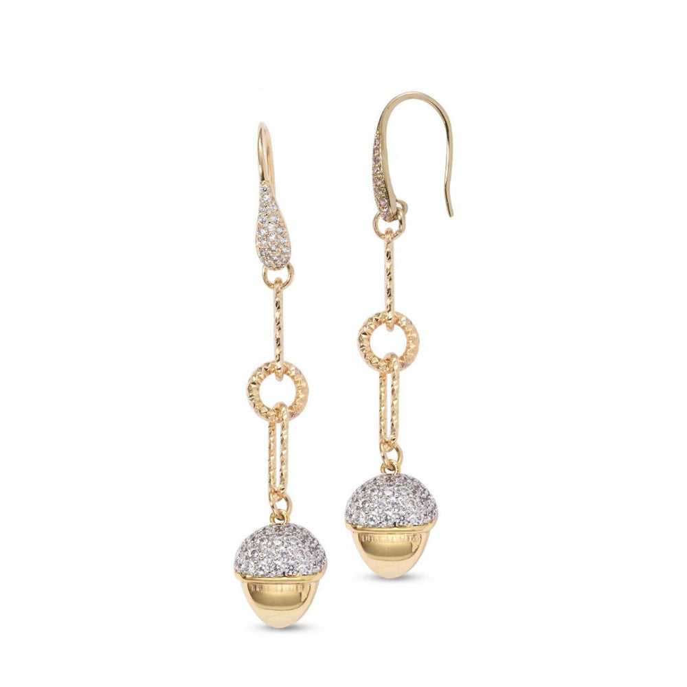 Shop online premium two tone dangle earrings with rose gold plated pyramid detail, cubic zirconia stones and diamond cut paper clip chain design.