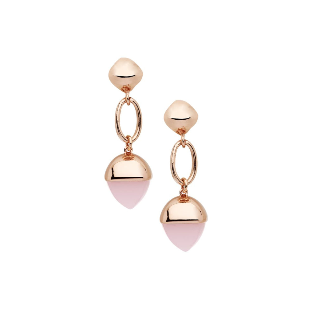 Shop online premium rose gold plated dangle earrings with pink quartz pyramidal crystal on elegant oval counter link detailing.