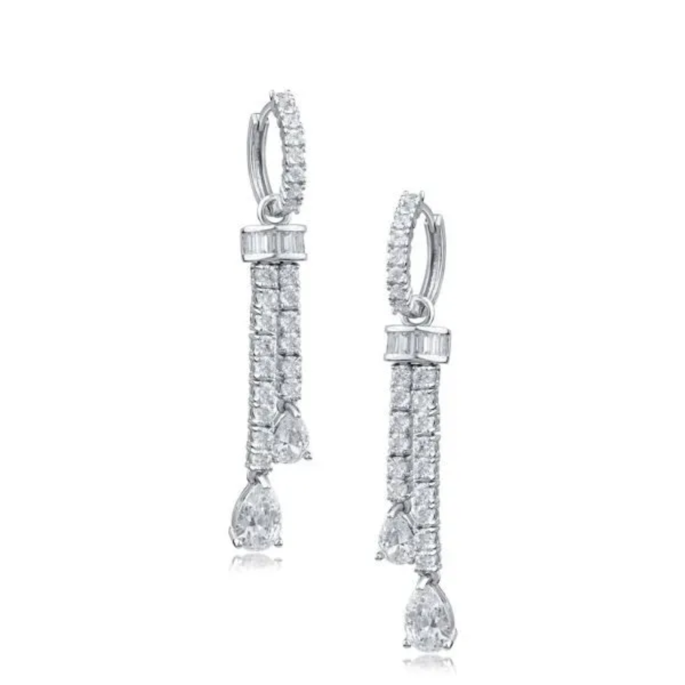 10 CTTW Round Cubic Zirconia double row drop earrings with Baguette and pear CZ accents.