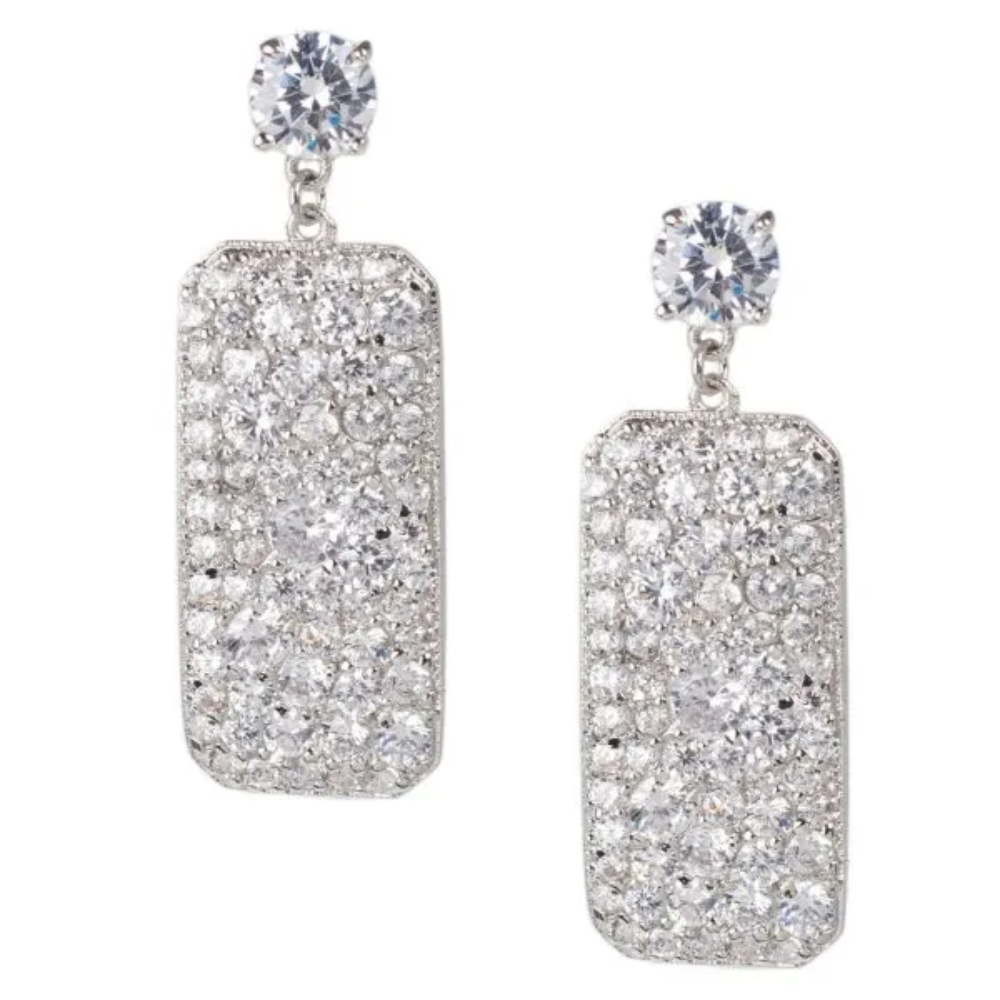 16 CTTW multi-shape round cubic zirconia rectangle drop earrings. Post ear set in rhodium plated brass.