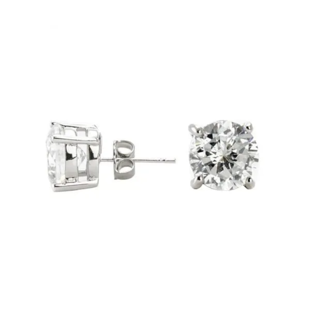 7CTTW Round Cubic Zirconia stud earrings. Post ear. Set in rhodium plated brass.