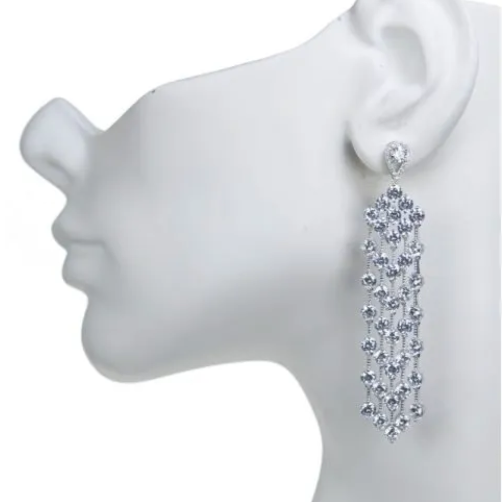 8CTTW round cubic zirconia fringe earrings. Pierced ear set in rhodium-plated brass.