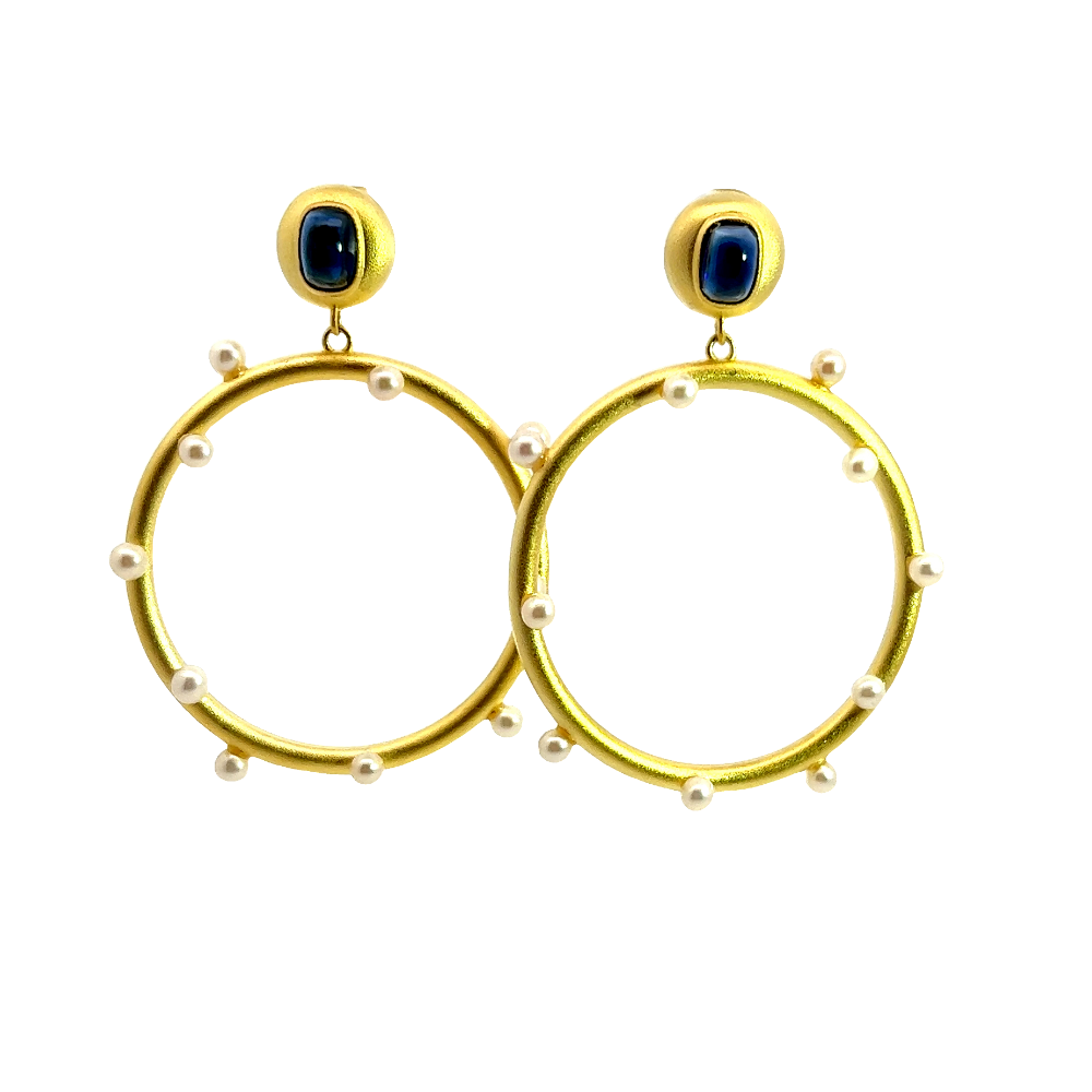 Shop online premium 18K gold dangler earrings with blue quartz and freshwater pearls.