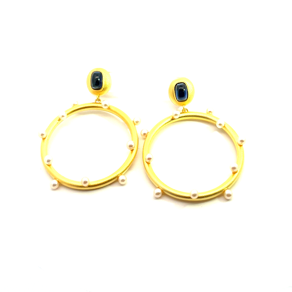 Shop online premium 18K gold dangler earrings with blue quartz and freshwater pearls.