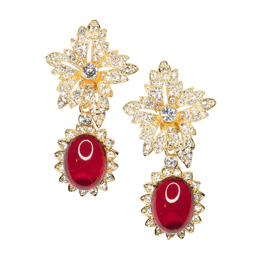 In these gold and crystal flower earrings with a glass cabochon ruby teardrop you will look red carpet ready. 