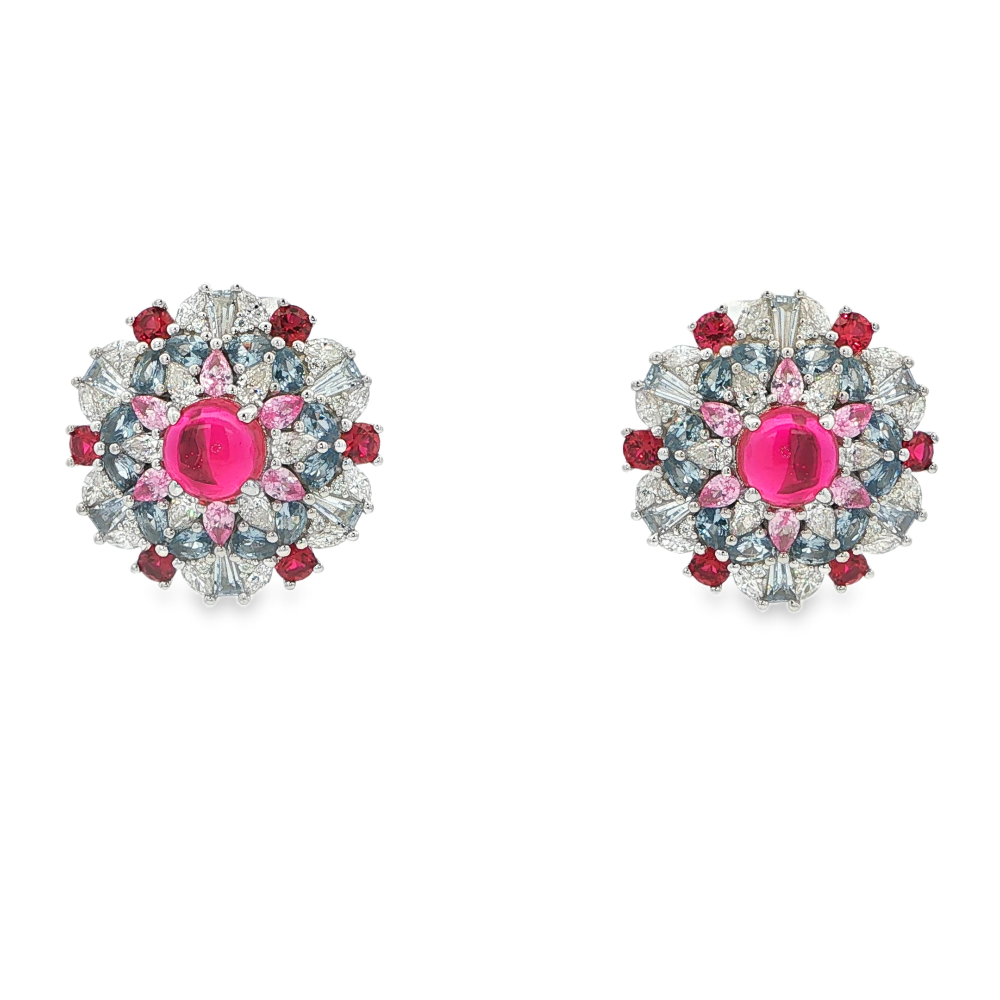 Shop online premium sterling silver floral stud earrings with ruby, pink sapphire, spinel and sparkling CZ stones.