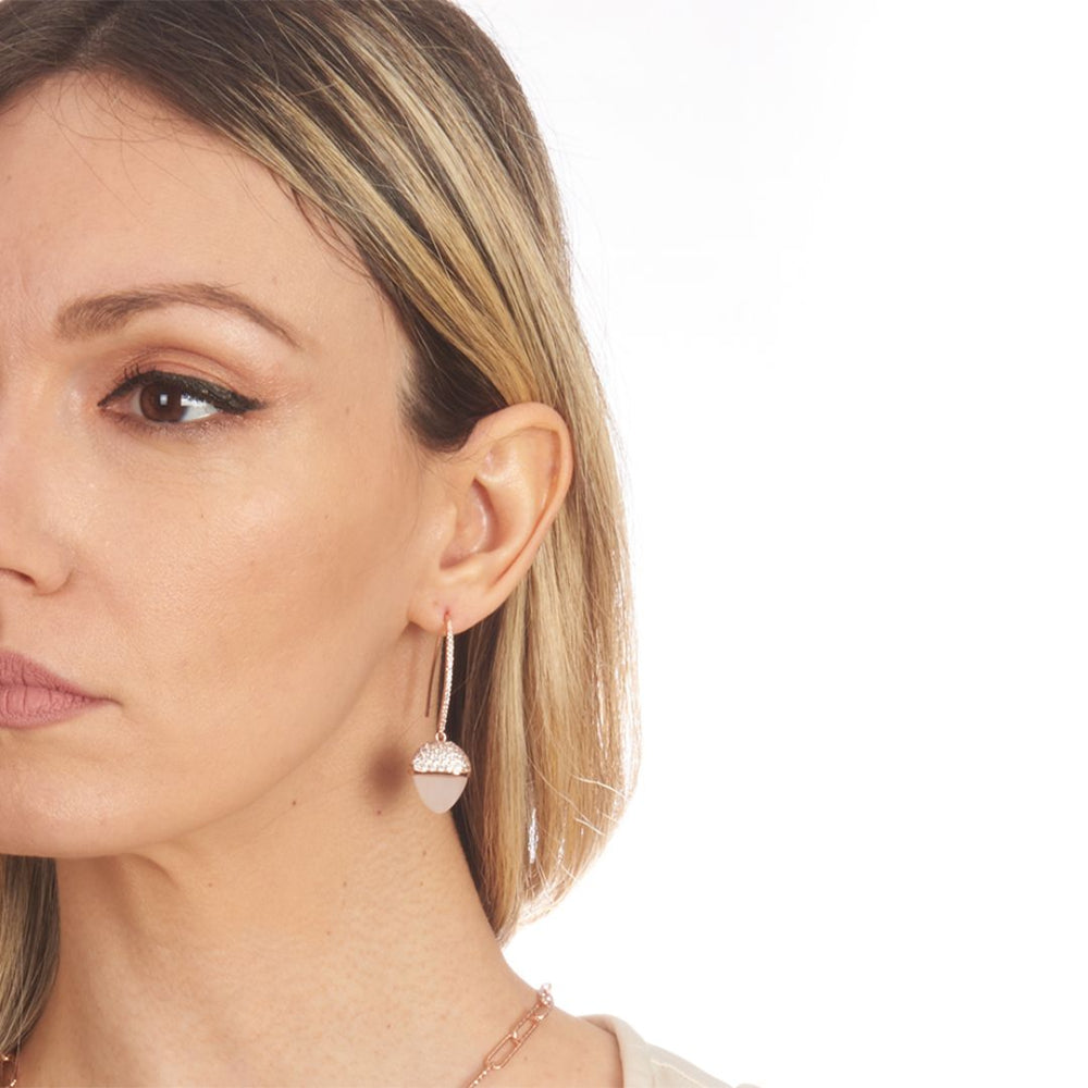 Shop online premium rose gold plated hook dangler earrings with ruby pyramidal crystal and sparkling cubic zirconia accents for elegant styling.