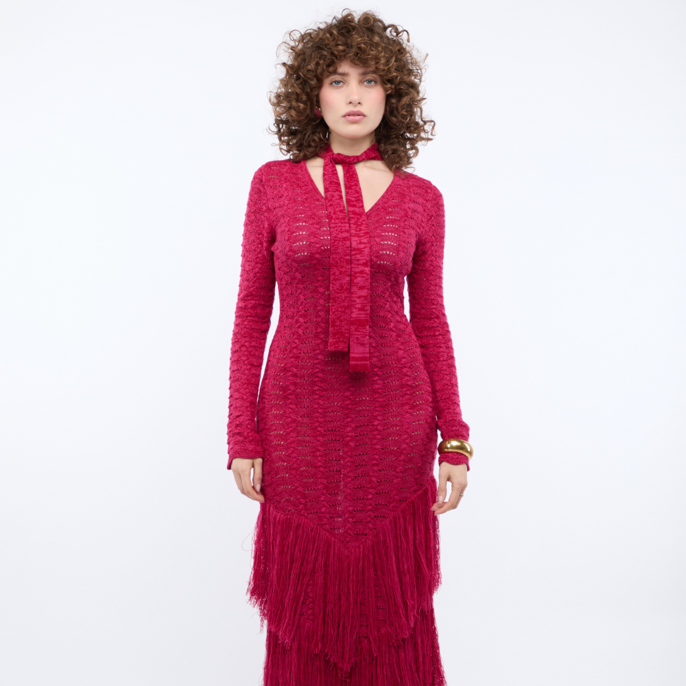 Shop the Rumi Long Sleeve Maxi Dress at TLM, featuring tie-up straps and layered fringe detailing. Explore luxury fashion on The Luxe Maison website.