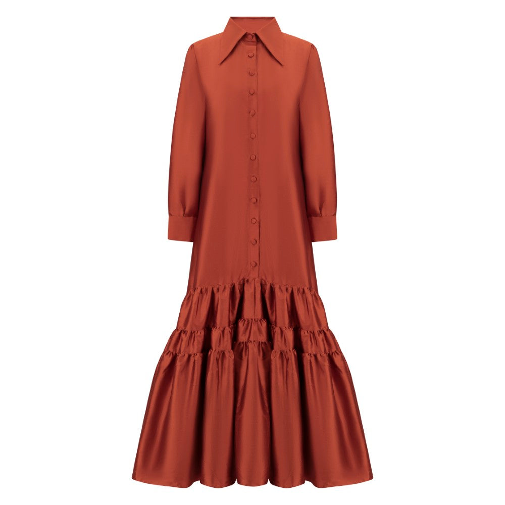 Luxury Clothing Rust Tiered Shirt Dress Designed For Elegant Everyday Style. Shop Now!