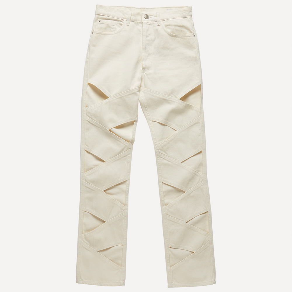 Natural off-white 100% cotton organic denim with overlapping weave cut-outs. Cut for a mid-rise, straight-leg fit 