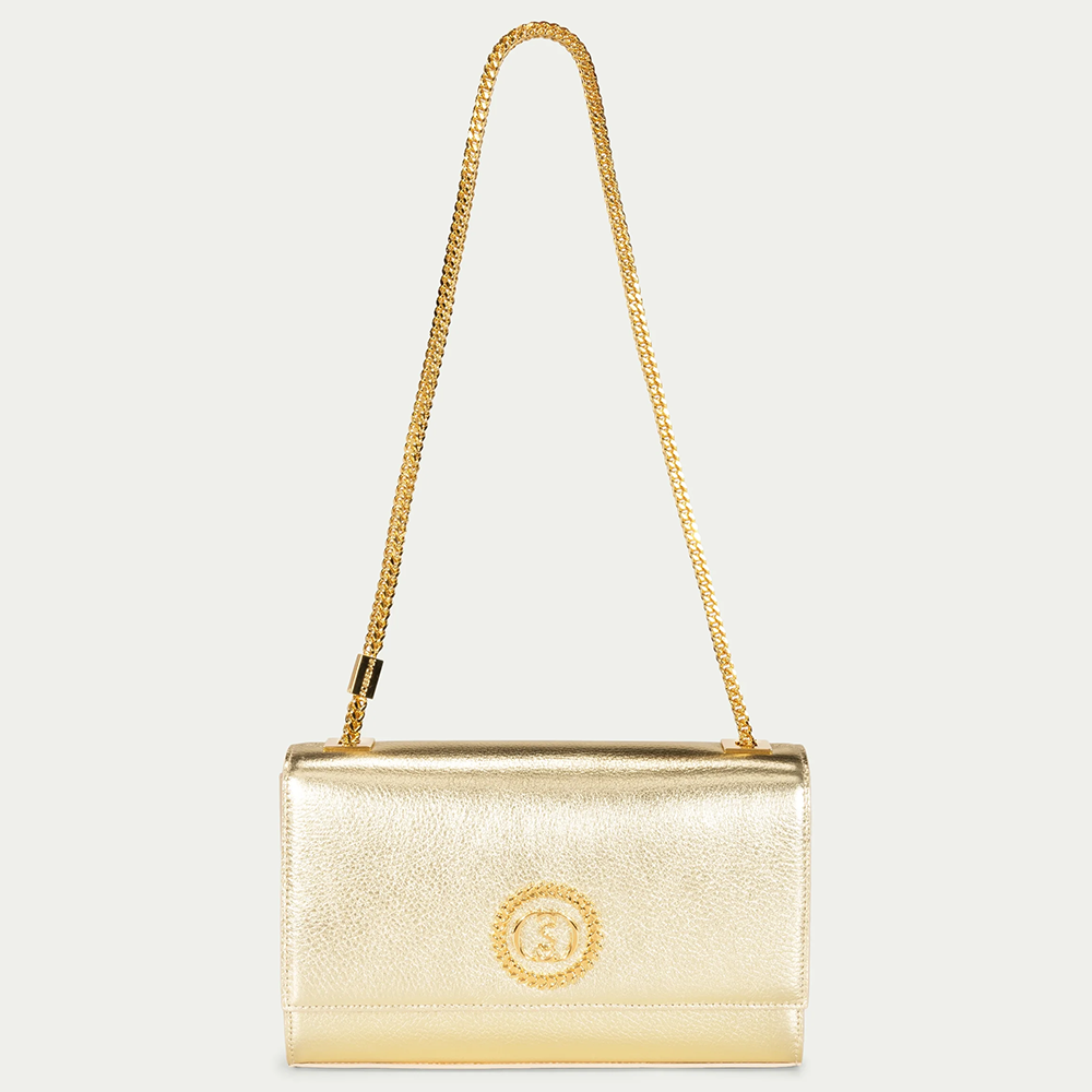 This velvet bag is hand-finished in Italy with gold plated hardware.