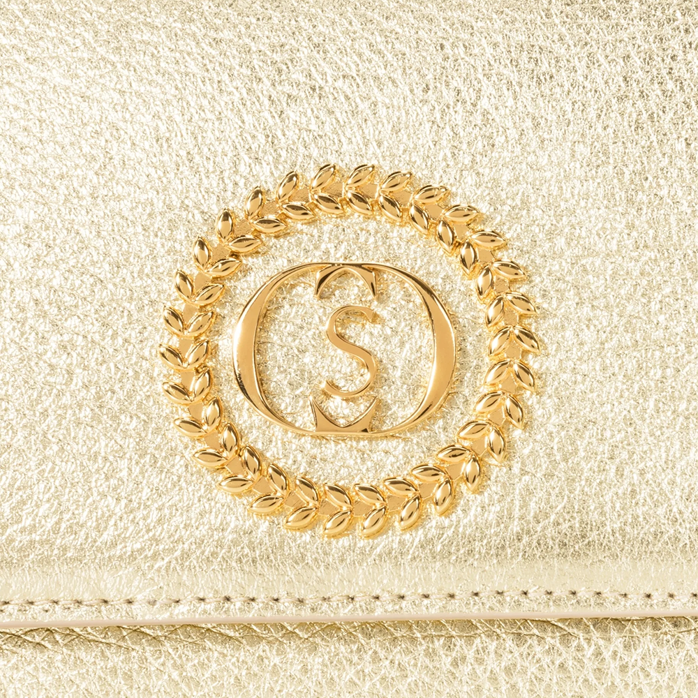 This velvet bag is hand-finished in Italy with gold plated hardware.