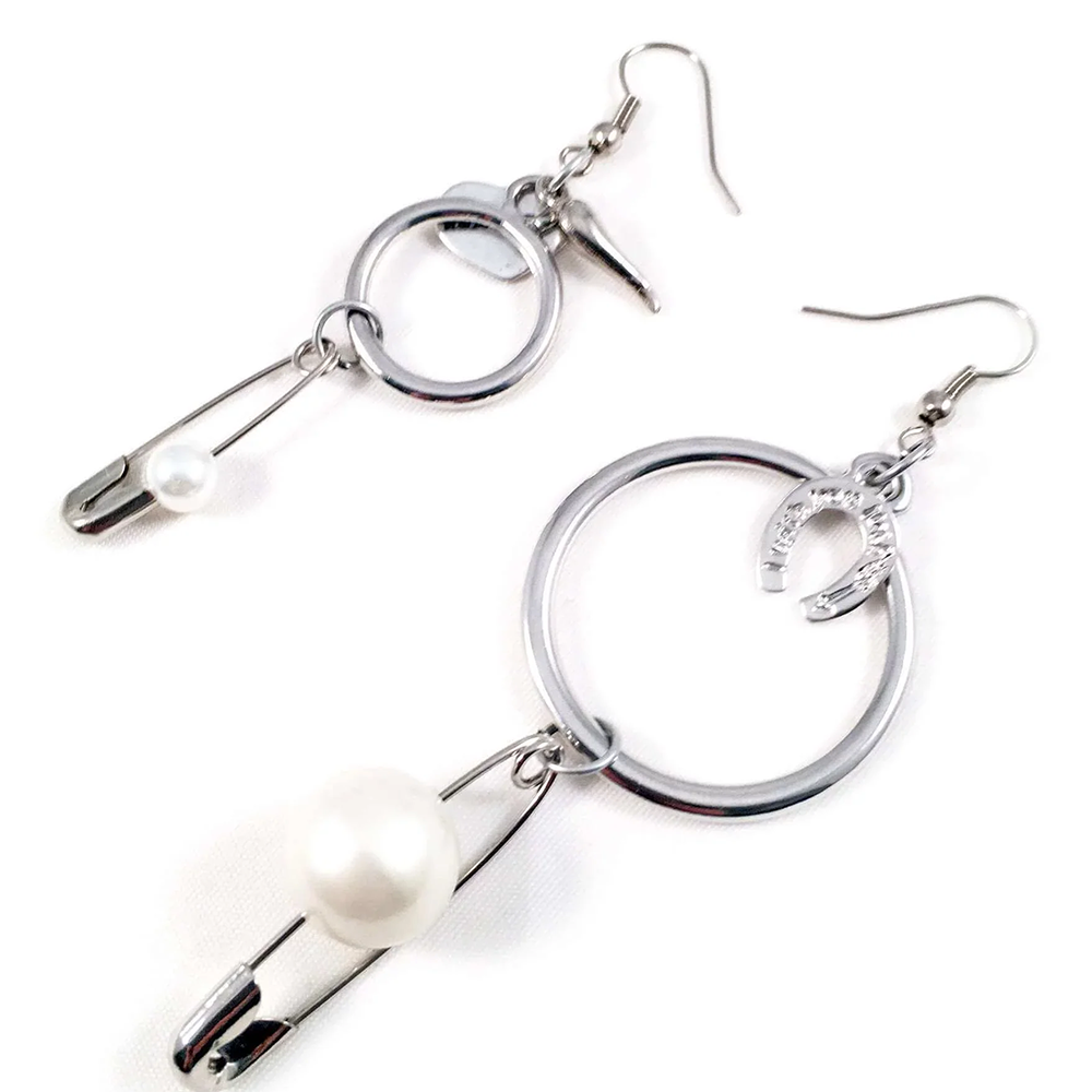 Handmade silver safety pins and white pearls hoop earrings. Perfect for parties, summer time and gift for her.