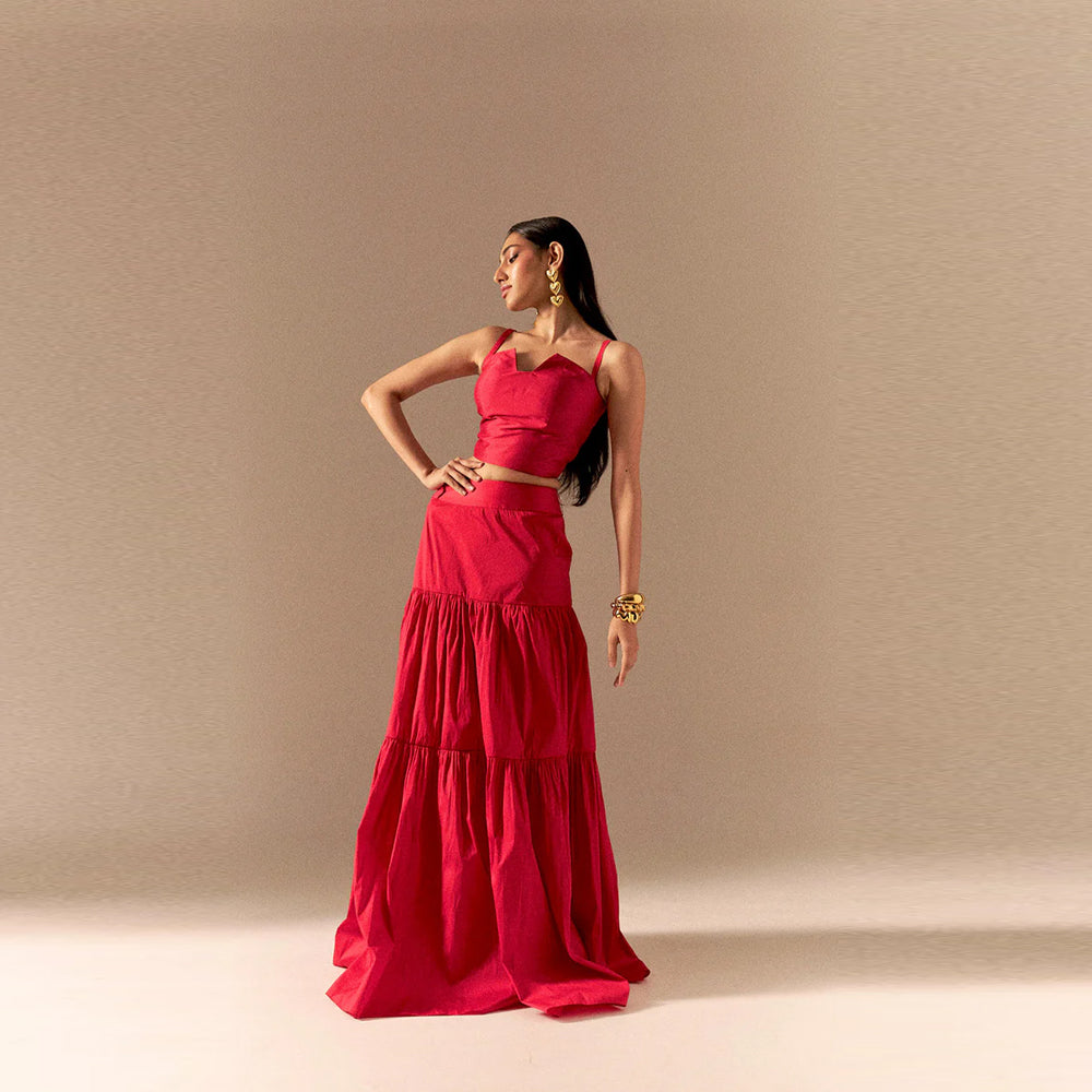 Taffeta top with tiered maxi skirt, perfect for vacations and outings. Shop online from our curated edit of premium fashion.