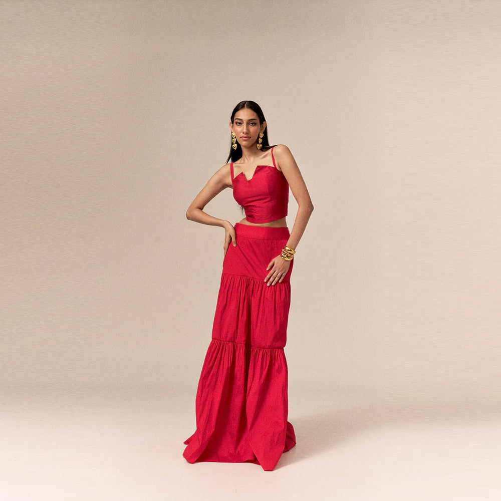 Taffeta top with tiered maxi skirt, perfect for vacations and outings. Shop online from our curated edit of premium fashion.