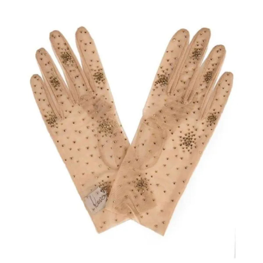 Beige gloves from stretch net with salute of gold crystals. Salute embellished gloves.