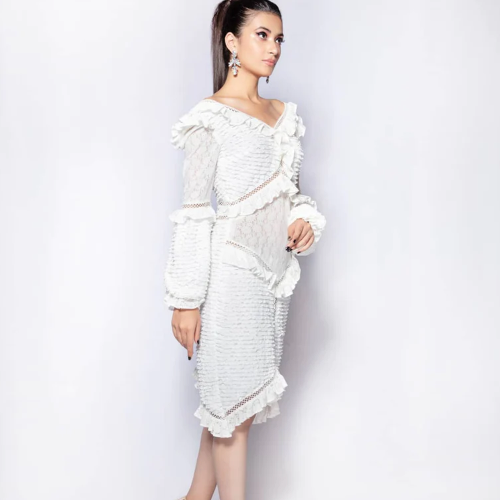 The samar ruffled midi dress from our capsule collection is made from a combination of imported extra-soft laces