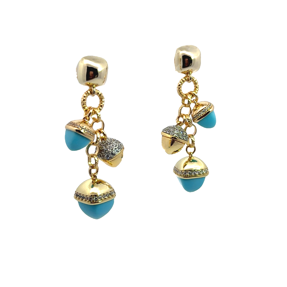 Shop online premium gold plated dangle earrings with turquoise pyramidal crystals and cubic zirconia pyramid detailing for elegant styling.