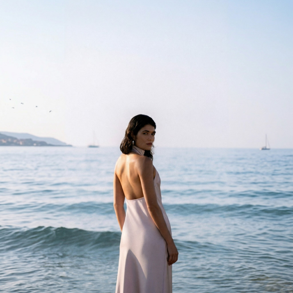 Elegant floor-length dress with a stunning open back for a graceful, timeless look. Shop now at our exclusive clothing website.