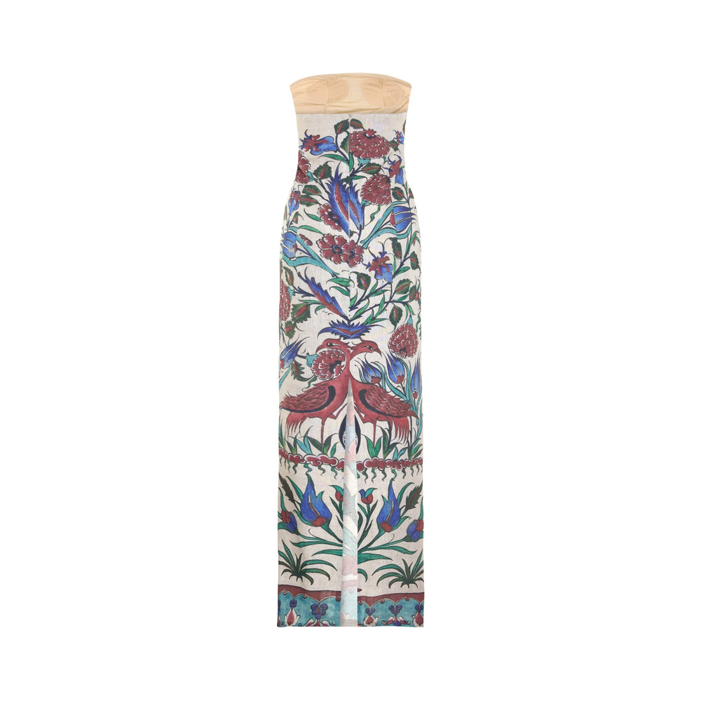 Shop online from our exclusive website and discover the Sarnic Dress by Nana Gotti, a strapless 100% linen dress with Ottoman-inspired prints and a timeless elegant silhouette.