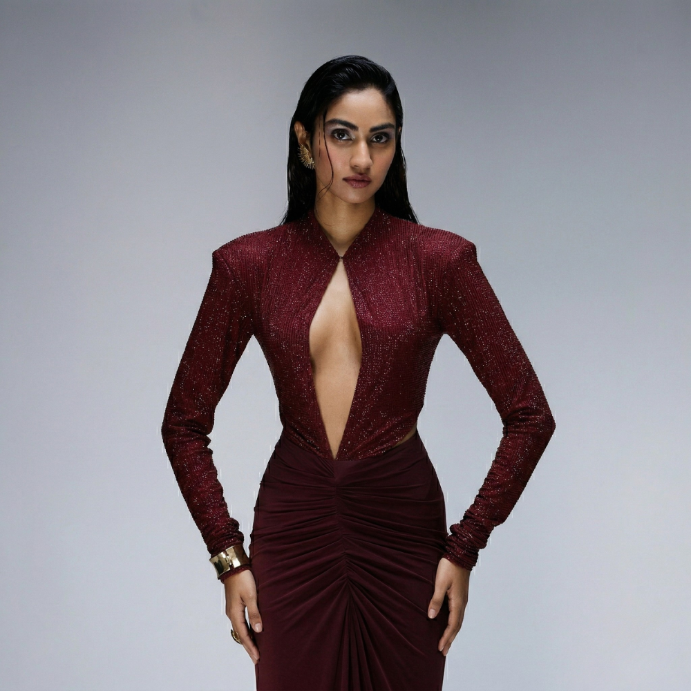 Swarovski fabric dress with keyhole neckline and ruched waist, perfect for brunch and parties. Shop online from our exclusive collection of premium styles.