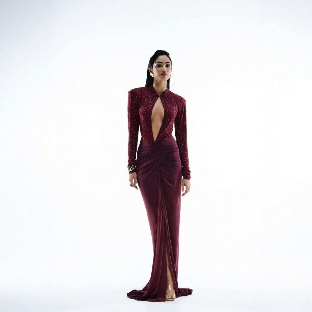 Swarovski fabric dress with keyhole neckline and ruched waist, perfect for brunch and parties. Shop online from our exclusive collection of premium styles.