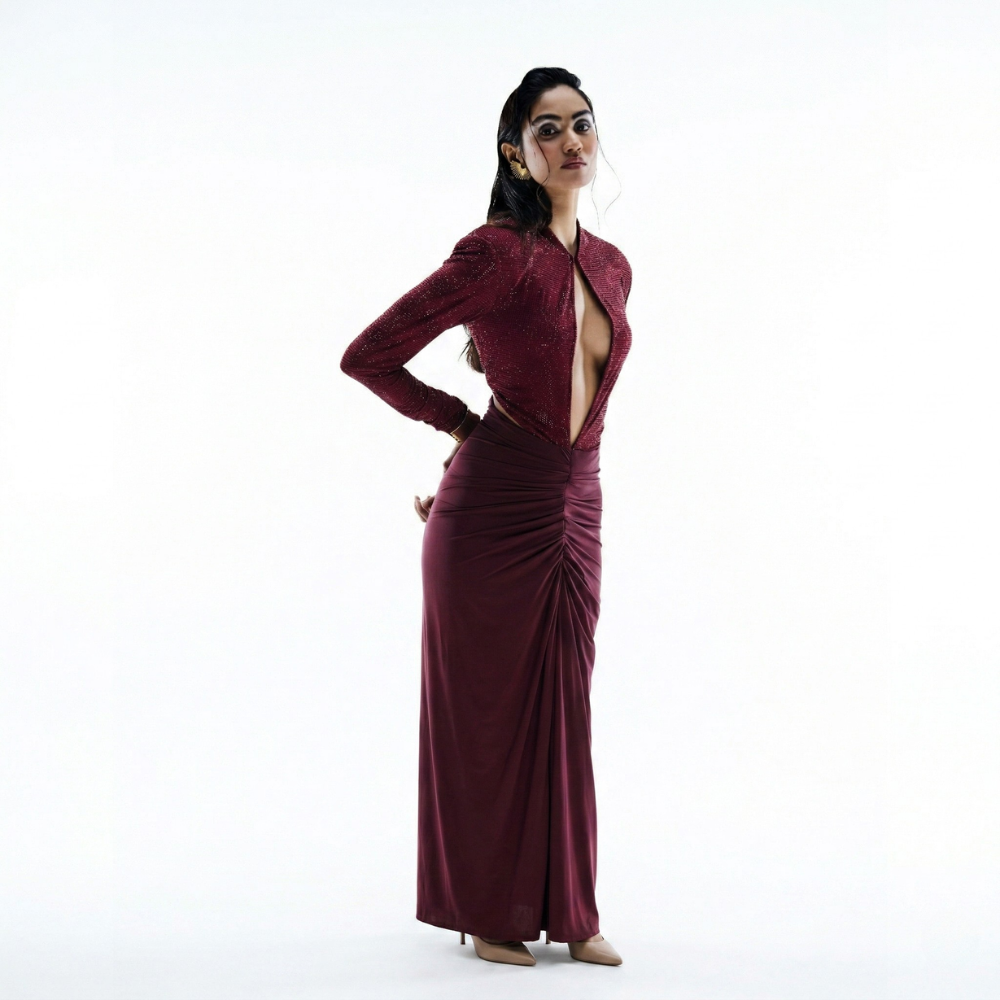 Swarovski fabric dress with keyhole neckline and ruched waist, perfect for brunch and parties. Shop online from our exclusive collection of premium styles.