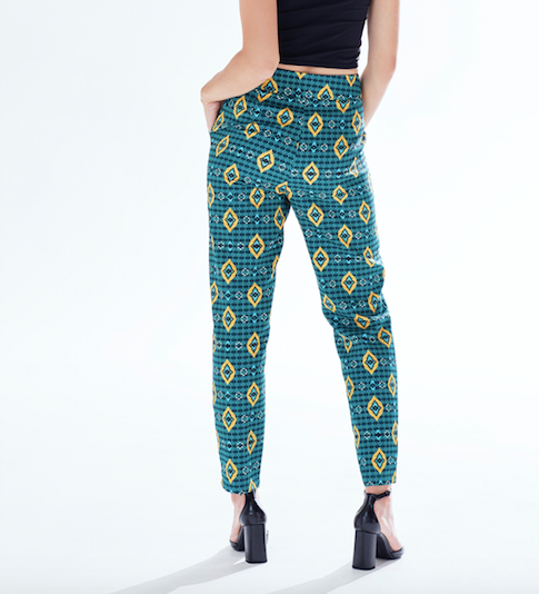 Women's Trousers in Green, Yellow & Navy Geometric Print with Tailored Fit by Liquorish