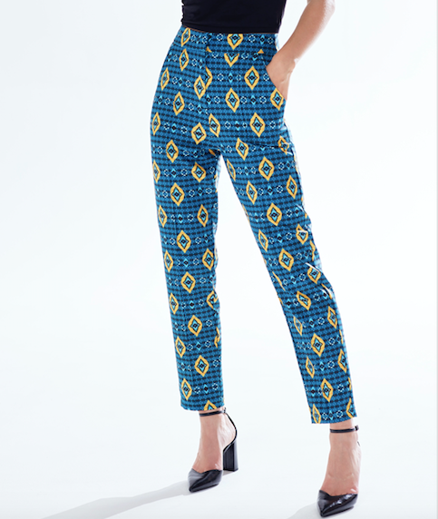 Women's Trousers in Blue, Yellow & Navy with Geometric African Print, High Waisted & Tailored Fit by Liquorish