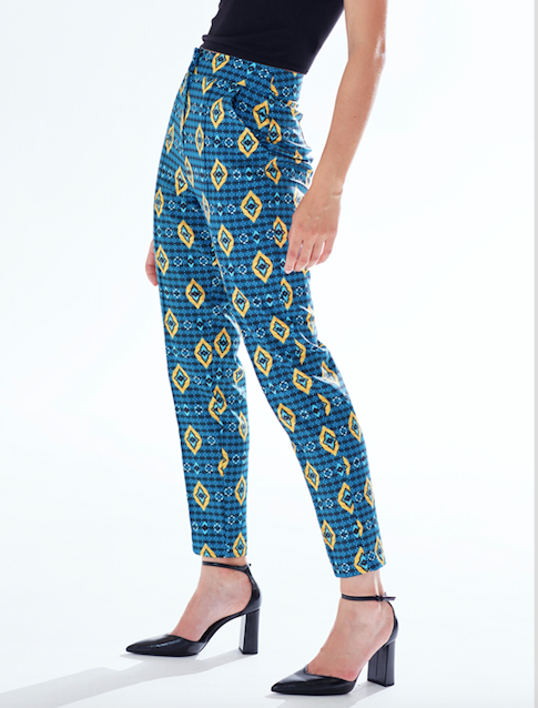 Women's Trousers in Blue, Yellow & Navy with Geometric African Print, High Waisted & Tailored Fit by Liquorish