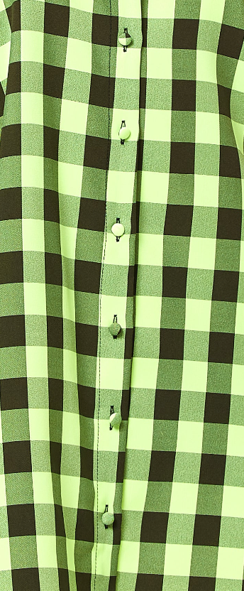 Women’s Mini Dress with Puff Sleeves in Neon Green Gingham, Button-Up Front, Oversized Fit, Playful and Chic